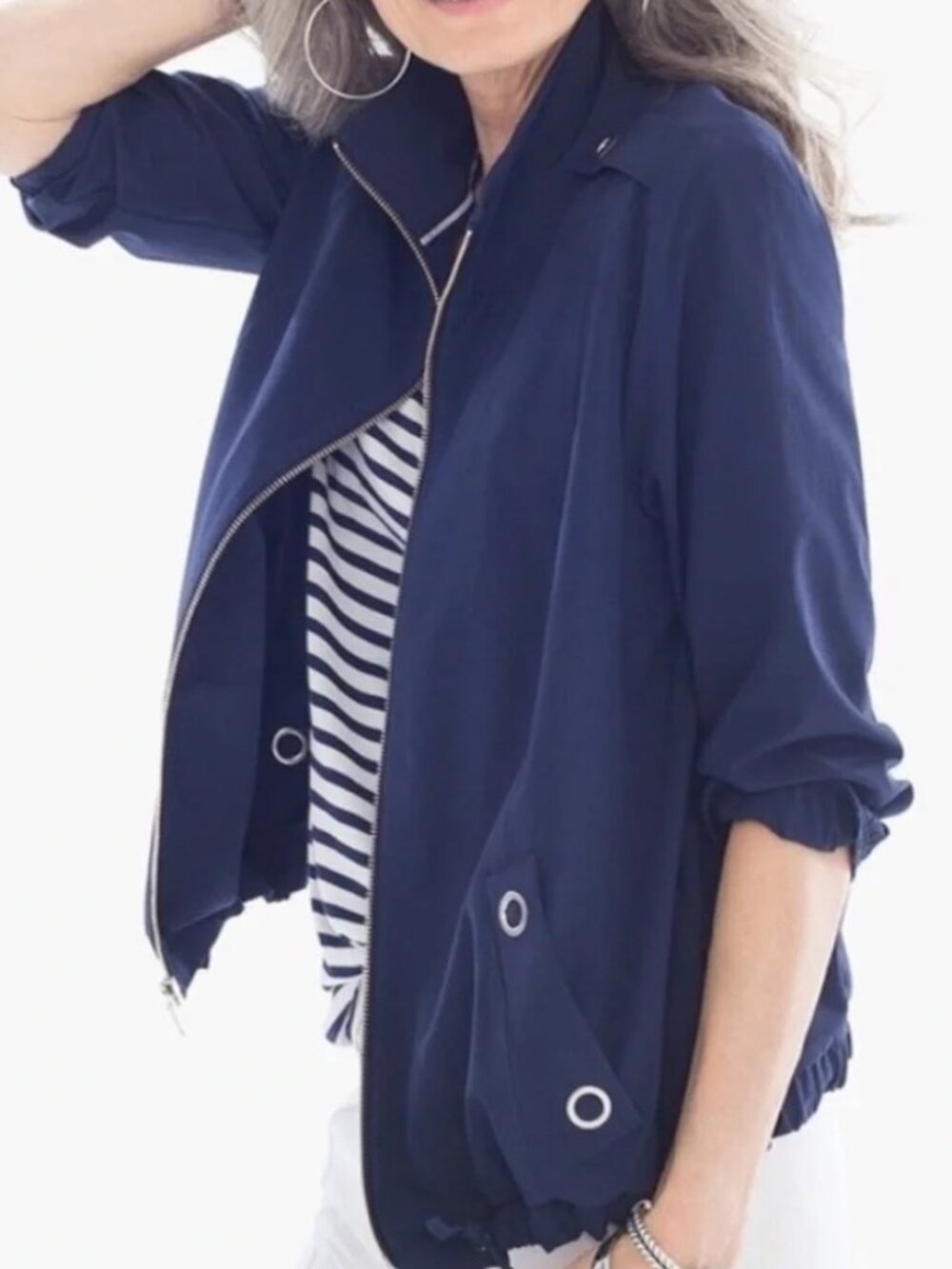 NWT Zenergy Neema Sz 2 L Navy Jacket Grommet Detail Wind Rain 3/4 Sleeves Chicos
